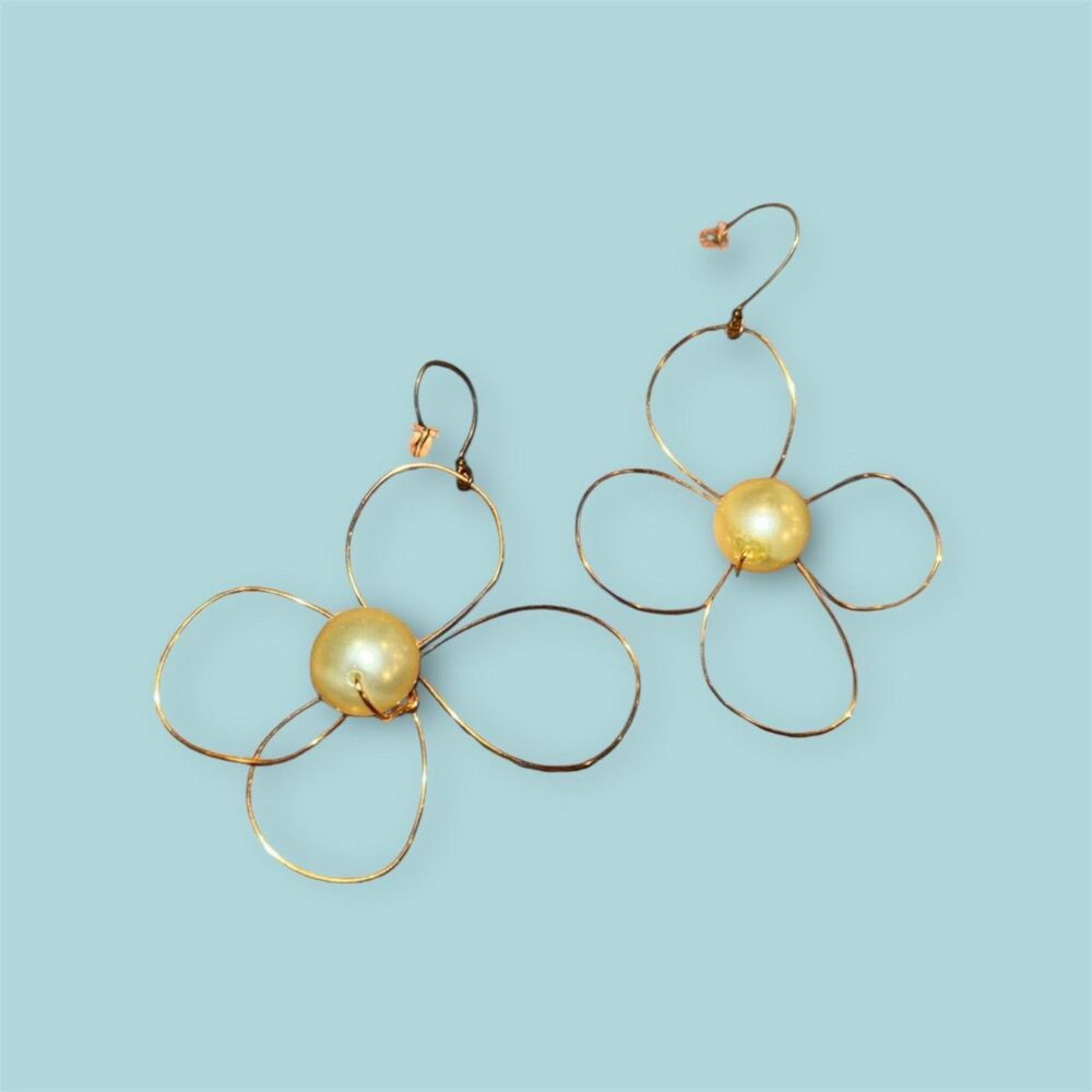 Gold Wire Flower Earrings 3”Handmade with 1/2” Pearls
